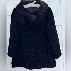 Vintage Black Curly Lamb Coat With Mink Fur Collar